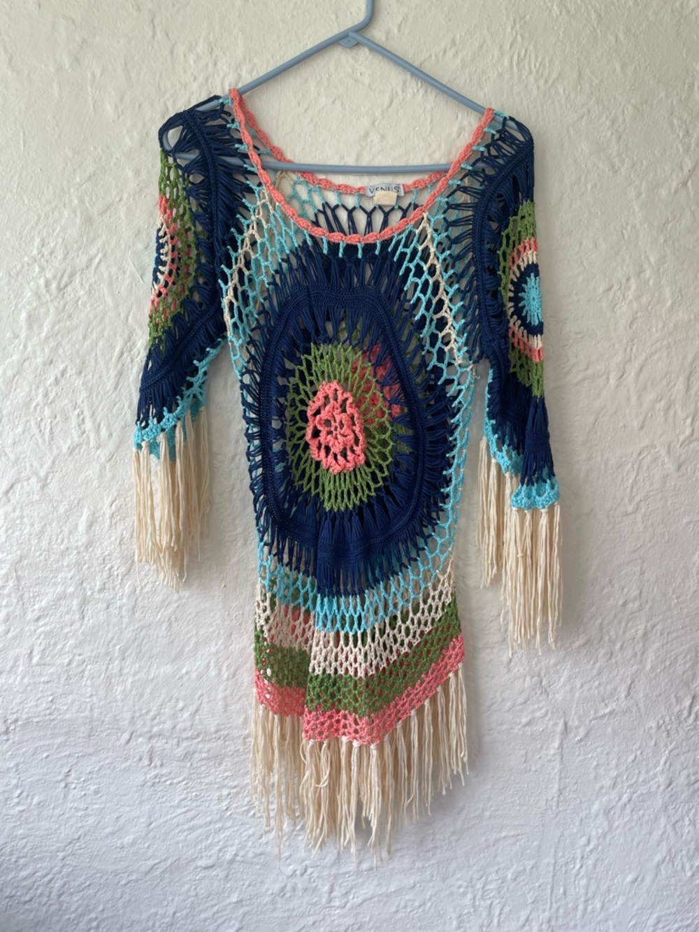 VENUS Multicolor Fringe Crochet Tunic Top Festival Boho Beach Cover Up S/M